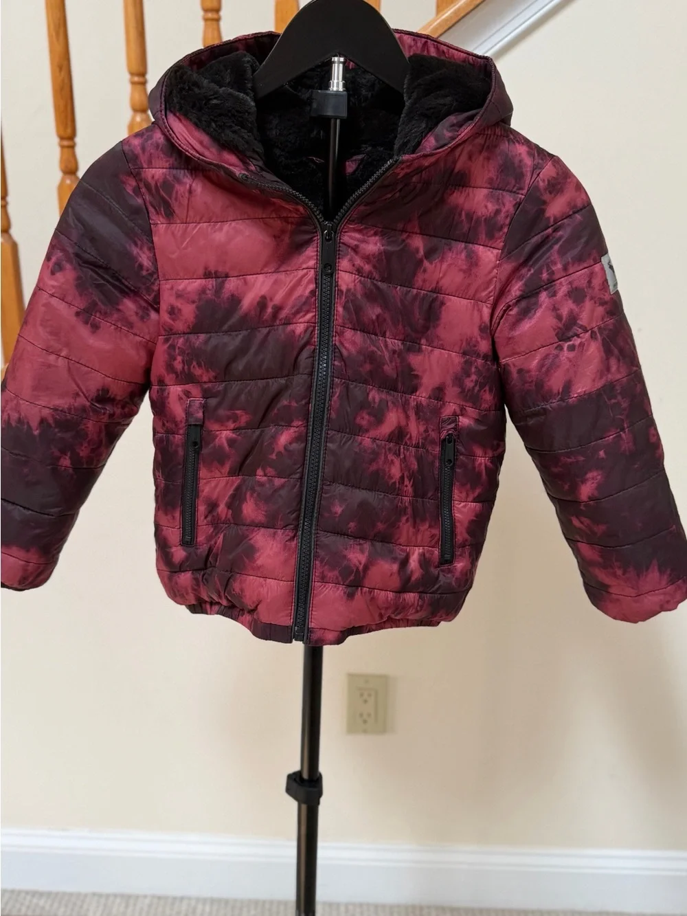 abercrombie kids Maroon & Black Tie-Dye Puffer Jacket with Hood